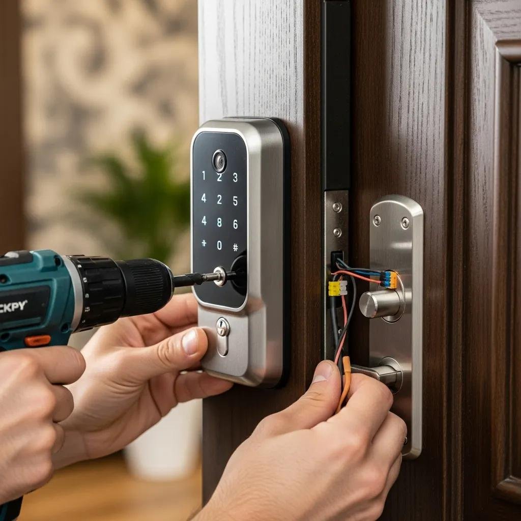Smart lock installation on a residential door, illustrating modern security solutions for homes in Uptown Charlotte