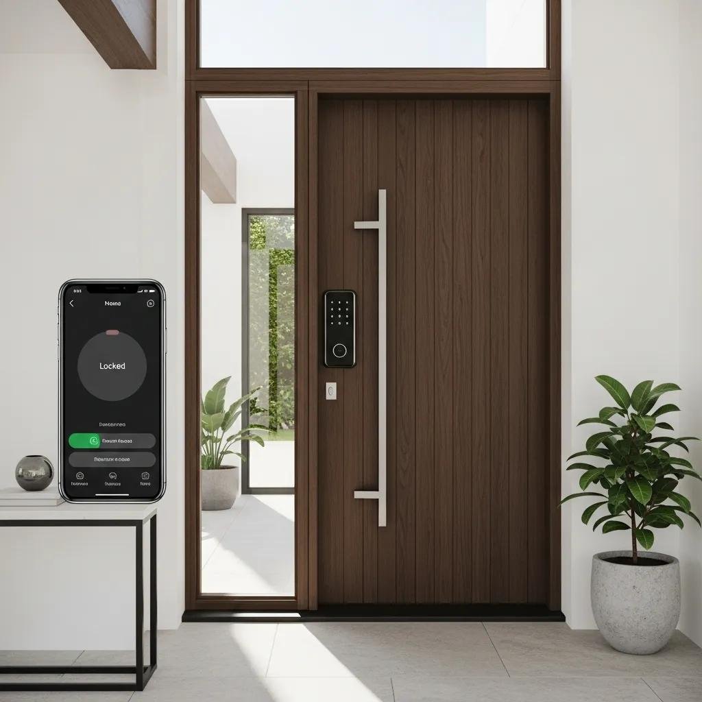 Smart lock installed on a residential front door with smartphone app