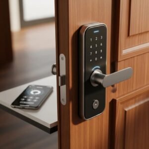 Smart lock installed on a wooden door showcasing modern home security features