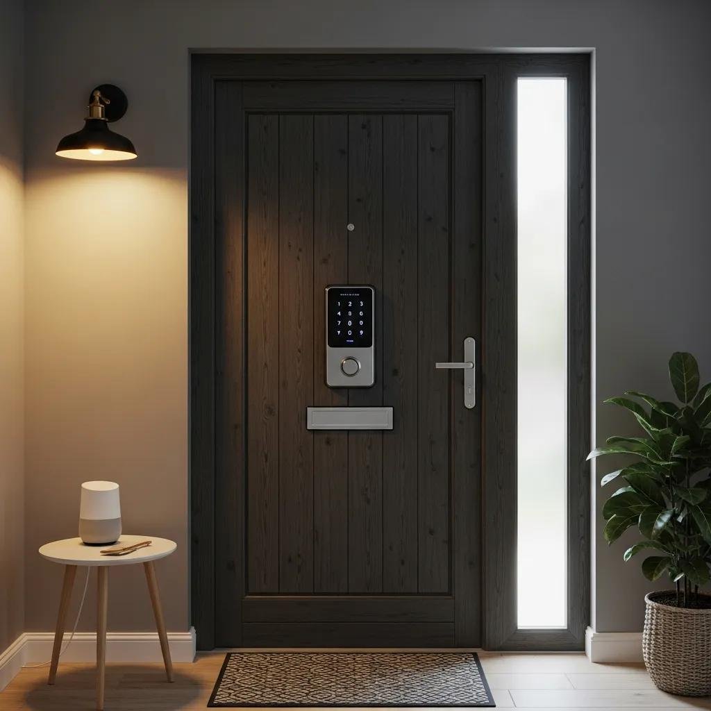 Smart lock on a door with a Google Home device, symbolizing home security integration