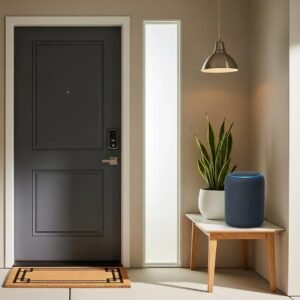 Smart lock on a door with an Amazon Alexa device, representing home security and convenience