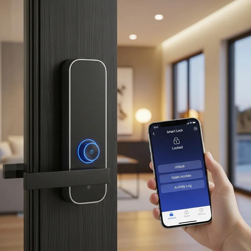 Smart lock on a front door with smartphone app for remote access