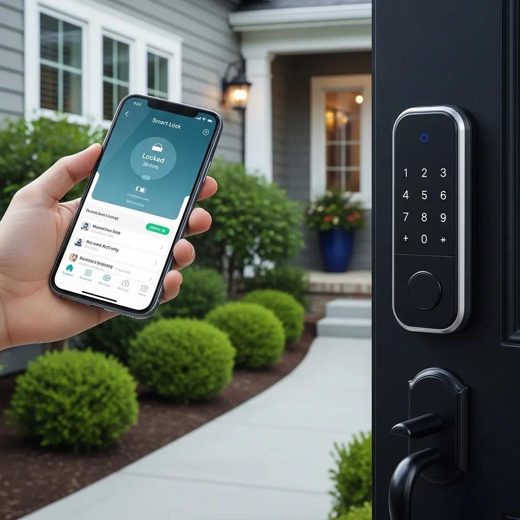 Smart lock on a front door with smartphone app interface, showcasing advanced home security
