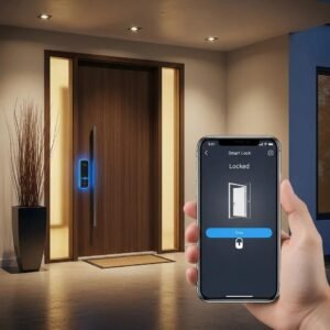 Smart lock on a modern door with a smartphone app, showcasing convenience and security features