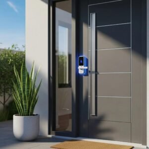 Smart lock on a modern home door representing keyless entry solutions