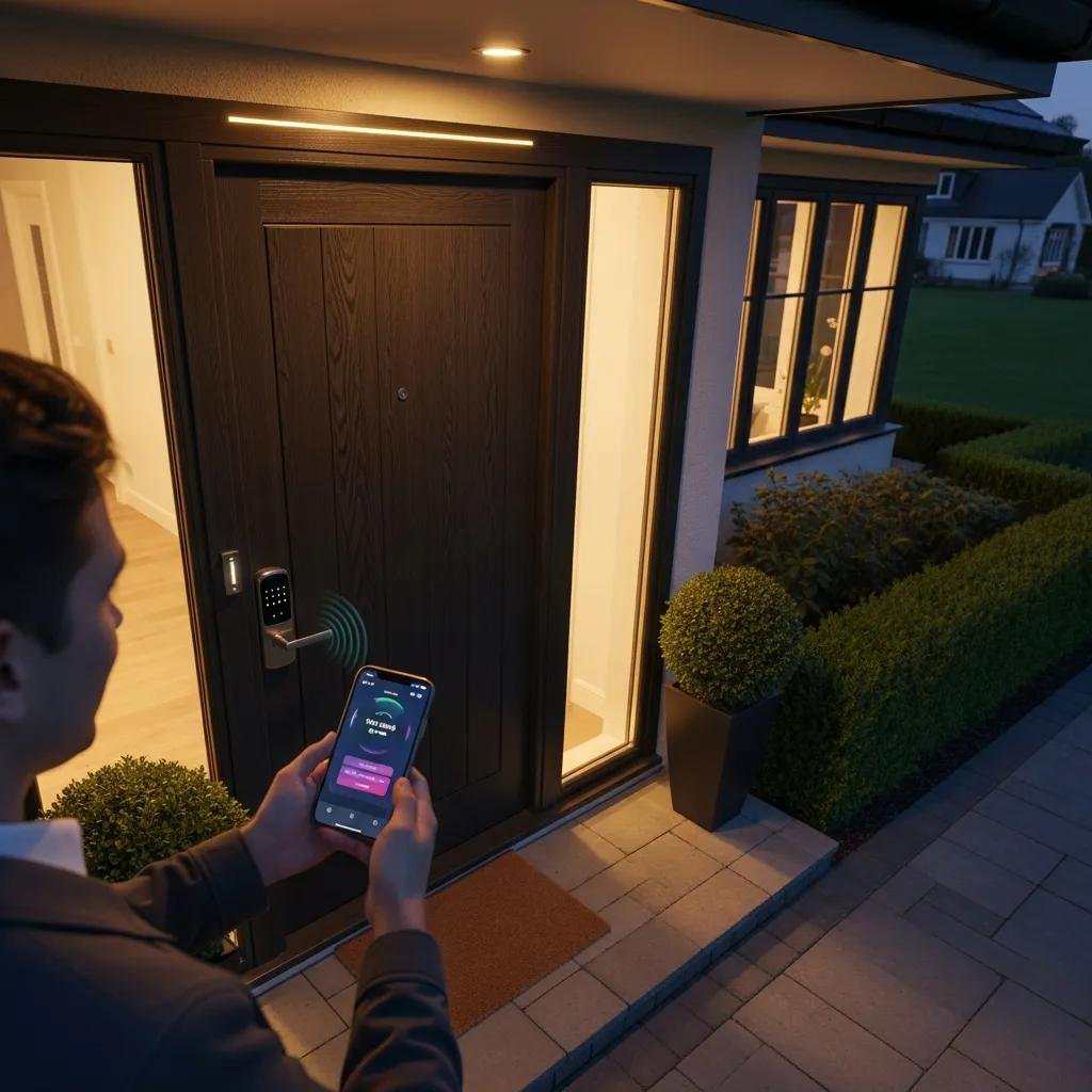 Smart lock on a modern home door with a person unlocking it using a smartphone