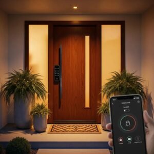 Smart lock on a modern home door with a smartphone app interface