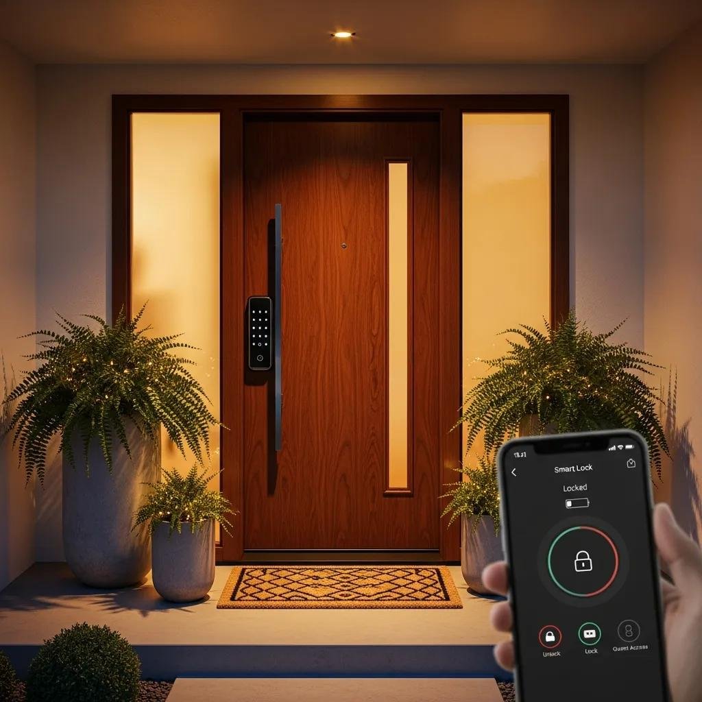 Smart lock on a modern home door with a smartphone app interface
