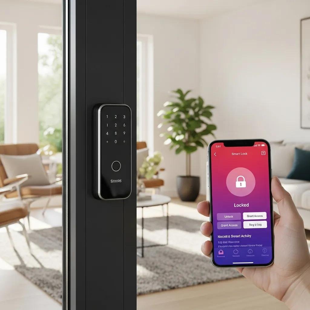 Smart lock on patio door with smartphone app interface demonstrating home security integration