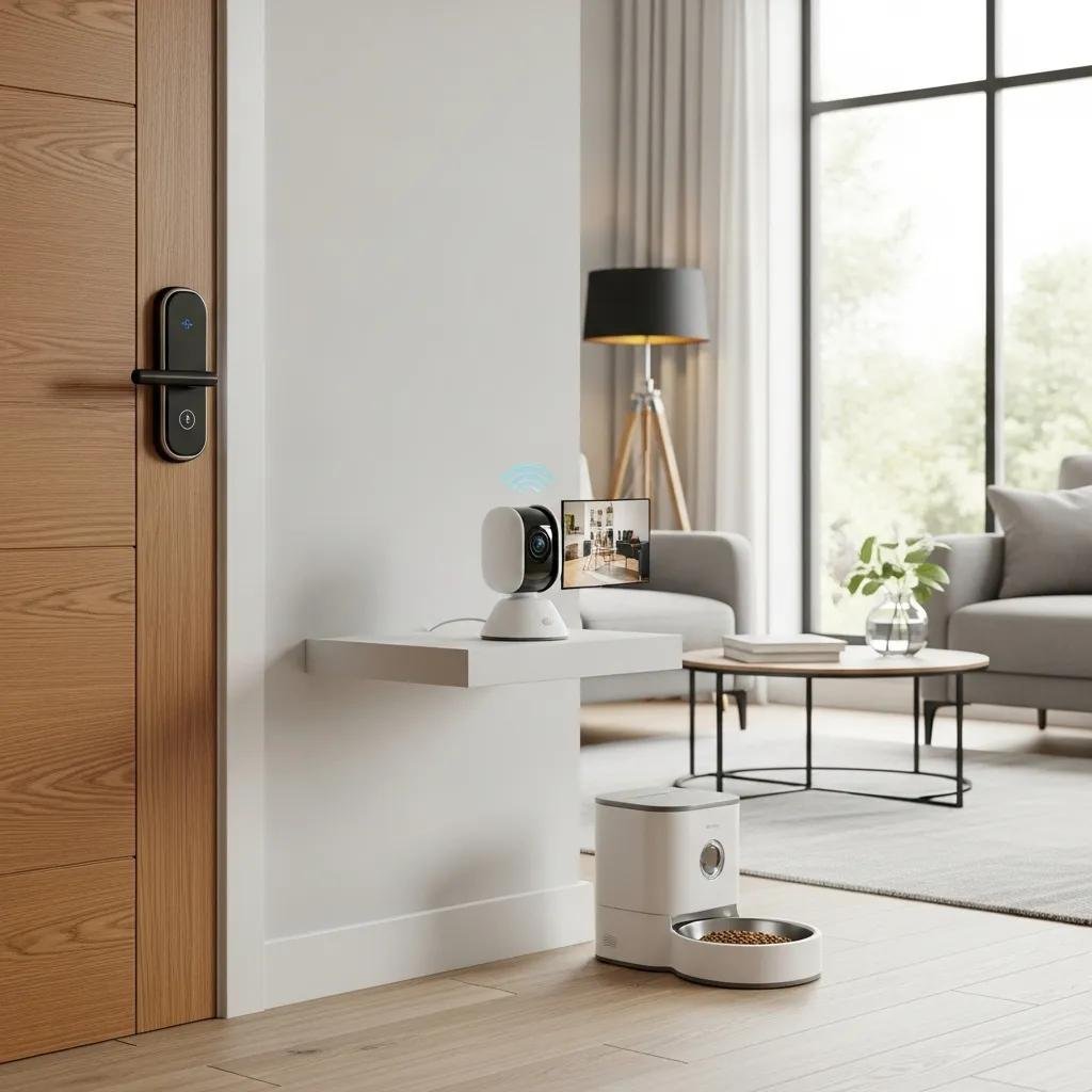 Smart lock, pet camera, and smart feeder in a modern living room, demonstrating smart home integration for pet safety