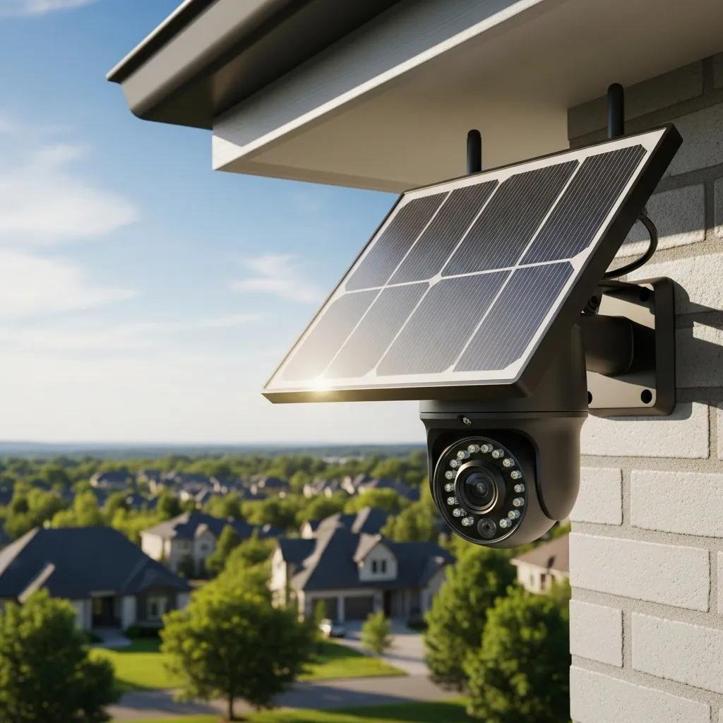 Solar-powered security camera mounted on a house, highlighting its eco-friendly features