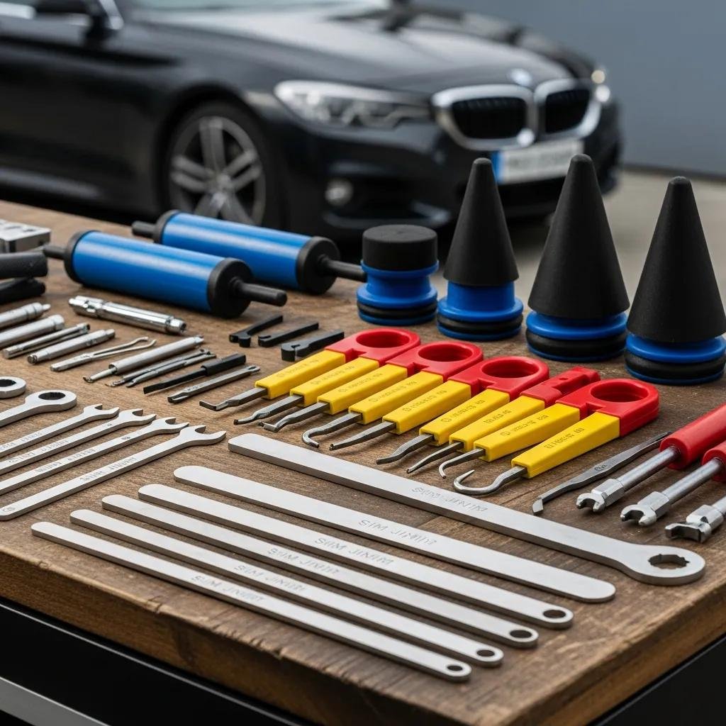 Specialized locksmith tools for auto lockouts, including slim jims, inflatable wedges, and various unlocking devices, arranged on a wooden surface with a black car in the background.