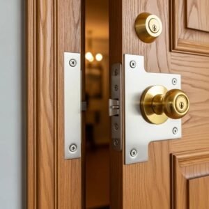Sturdy door with a door reinforcement plate installed, emphasizing home security