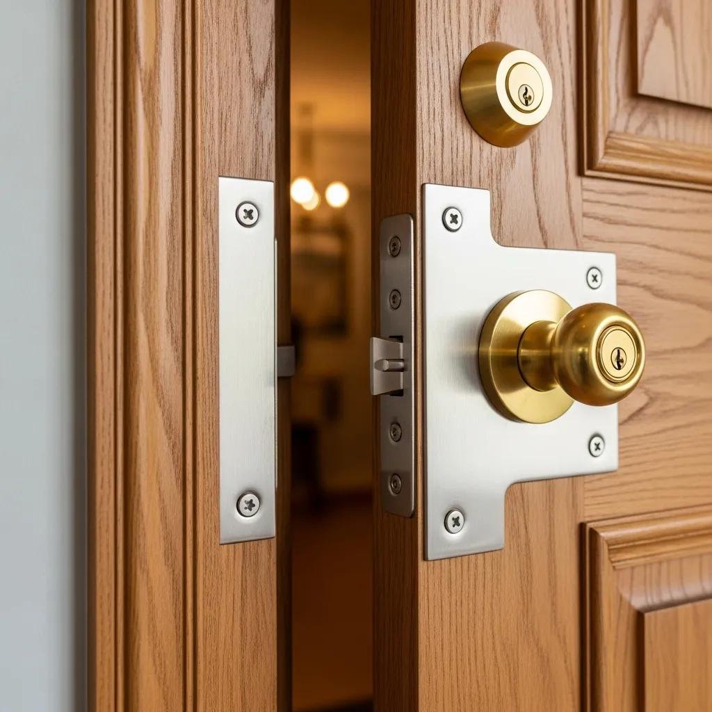Sturdy door with a door reinforcement plate installed, emphasizing home security