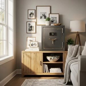 Stylish home safe in a cozy living room, emphasizing security and personal value