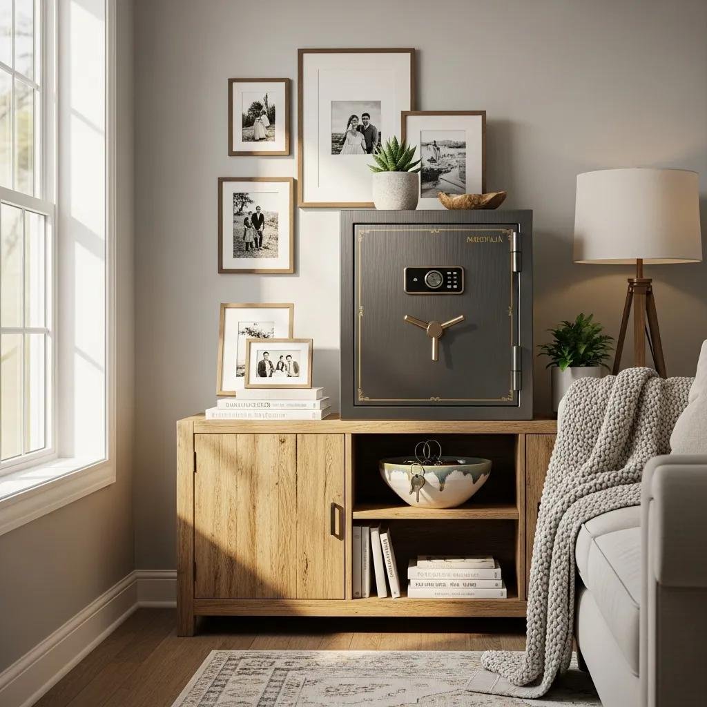 Stylish home safe in a cozy living room, emphasizing security and personal value