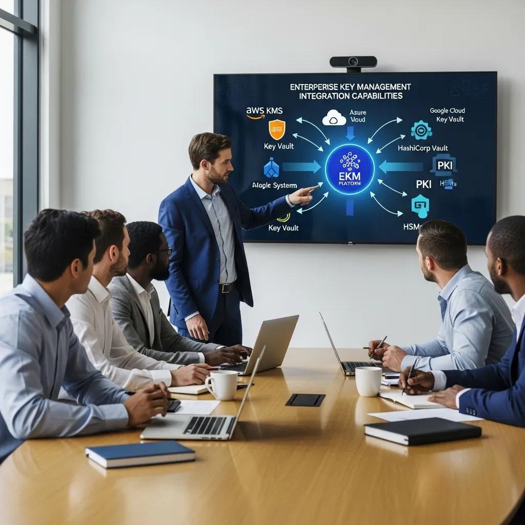 Team discussing enterprise key management tools with digital display of integration capabilities