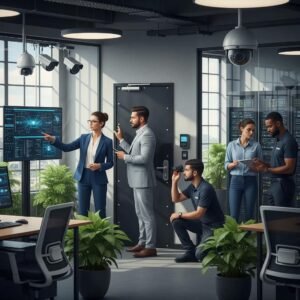 Team of security professionals conducting a business security audit in a modern office