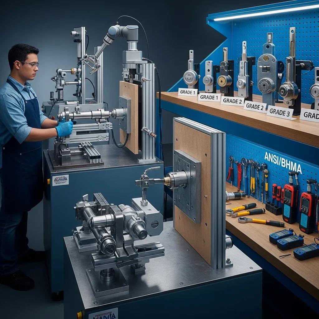 Technician conducting durability tests on ANSI/BHMA certified locks in a workshop
