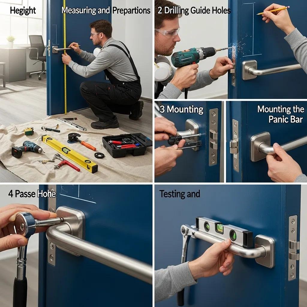 Technician installing a commercial panic bar on a door