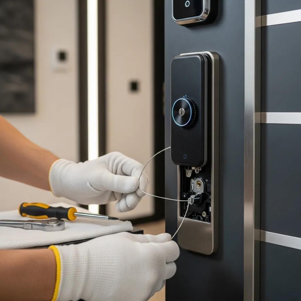 Technician installing a modern smart lock on a contemporary front door