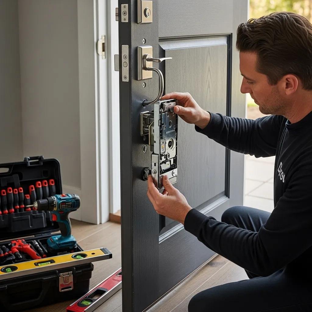 Technician installing a smart lock on a residential door with tools visible