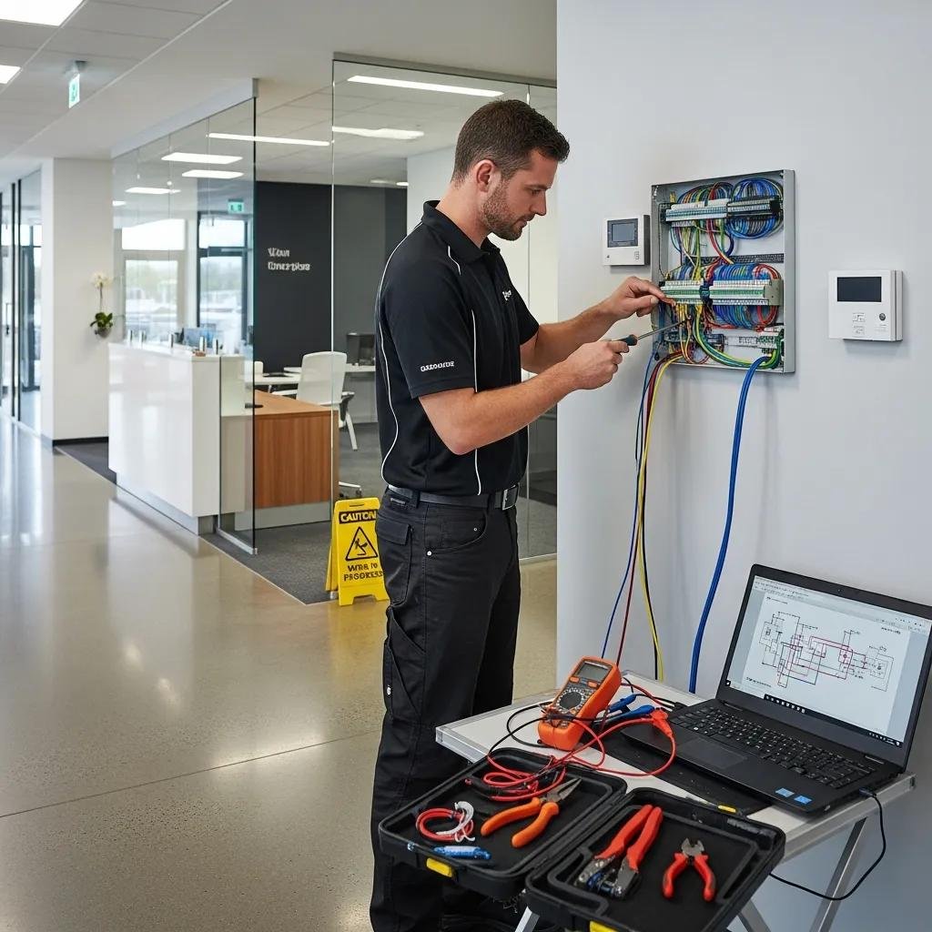 Technician installing access control system in a commercial environment