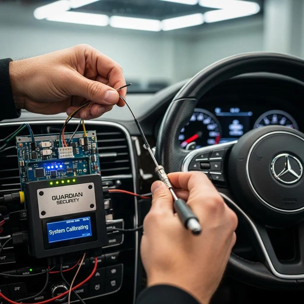 Technician installing advanced car alarm system in luxury vehicle
