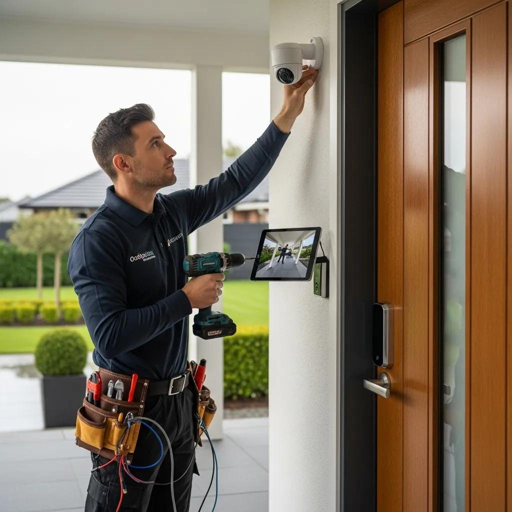 Technician installing smart lock and security camera, emphasizing professional installation benefits
