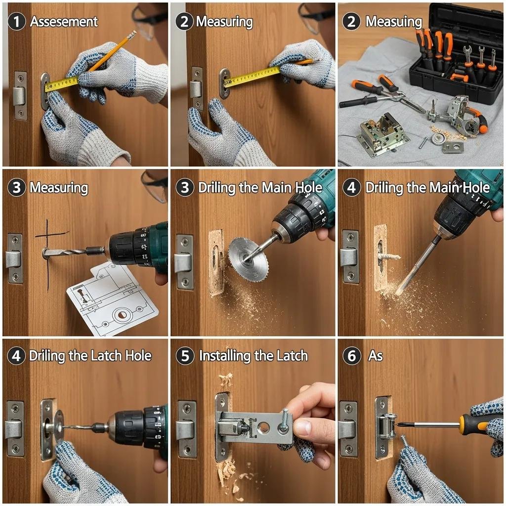 Technician performing step-by-step deadbolt installation process in a home