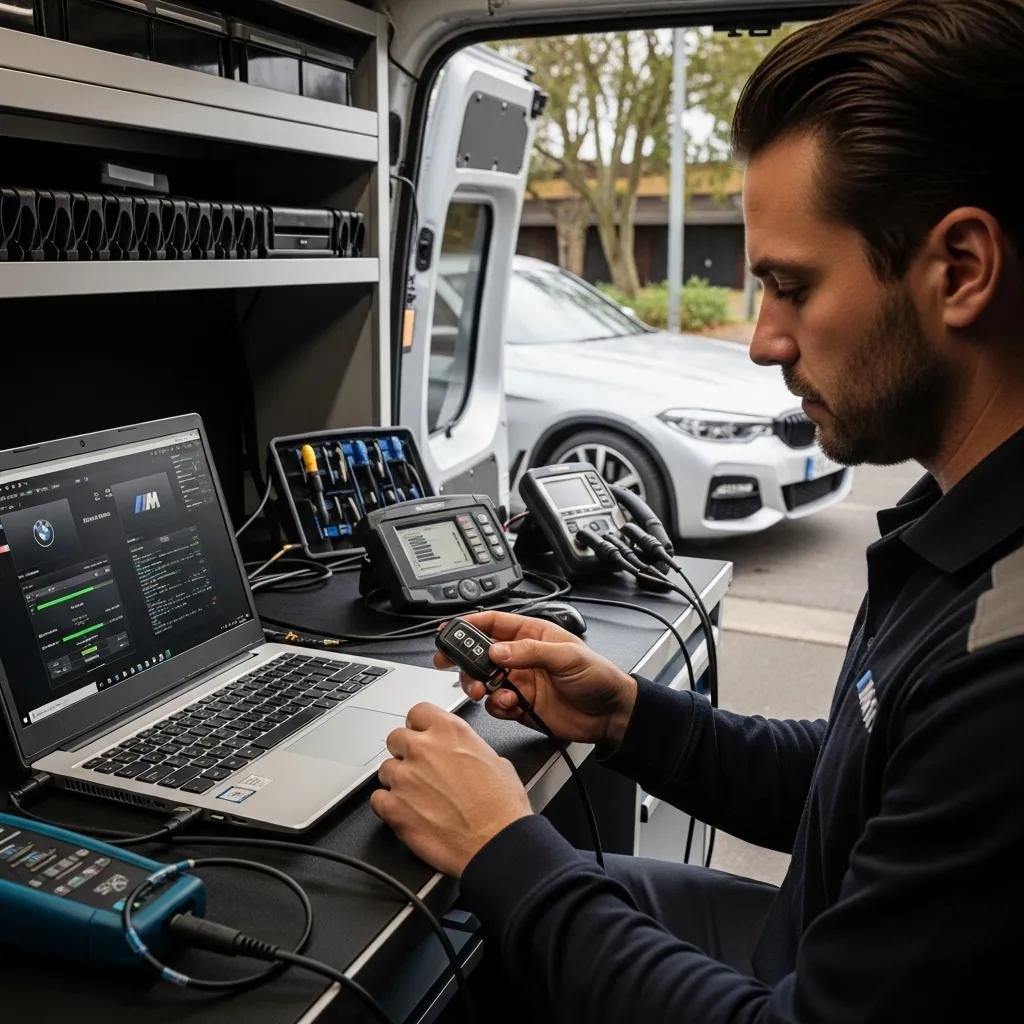 Technician programming a BMW smart key with diagnostic tools