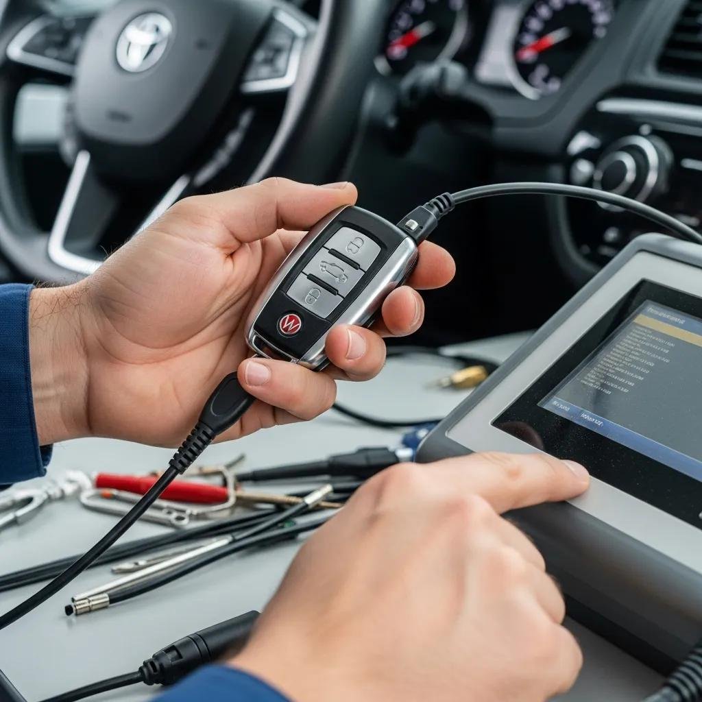 Technician programming a key fob, highlighting advanced car key technology and services