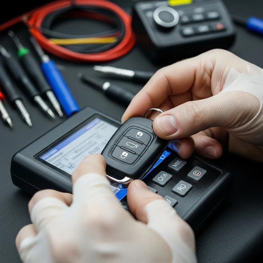 Technician programming a key fob with specialized equipment, illustrating smart key services