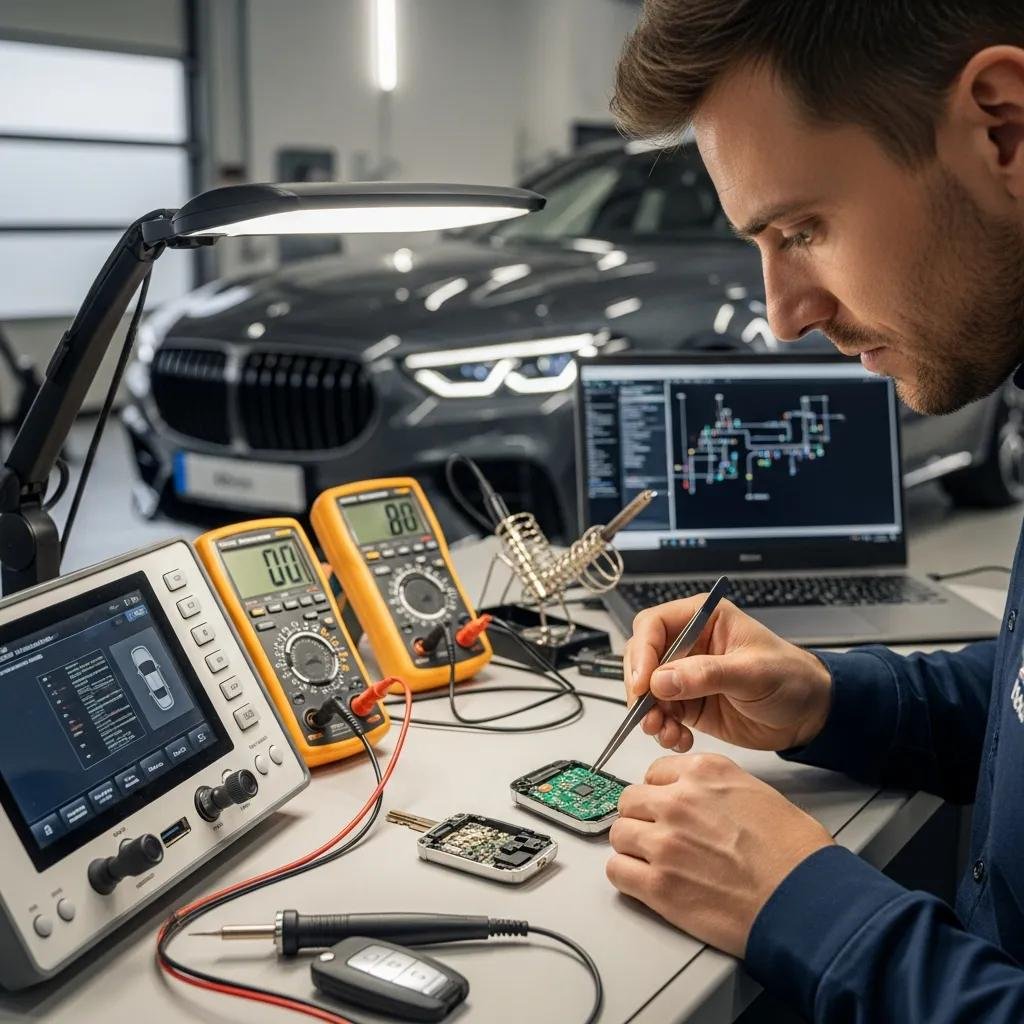 Technician programming a luxury car key with advanced tools, illustrating key technology services