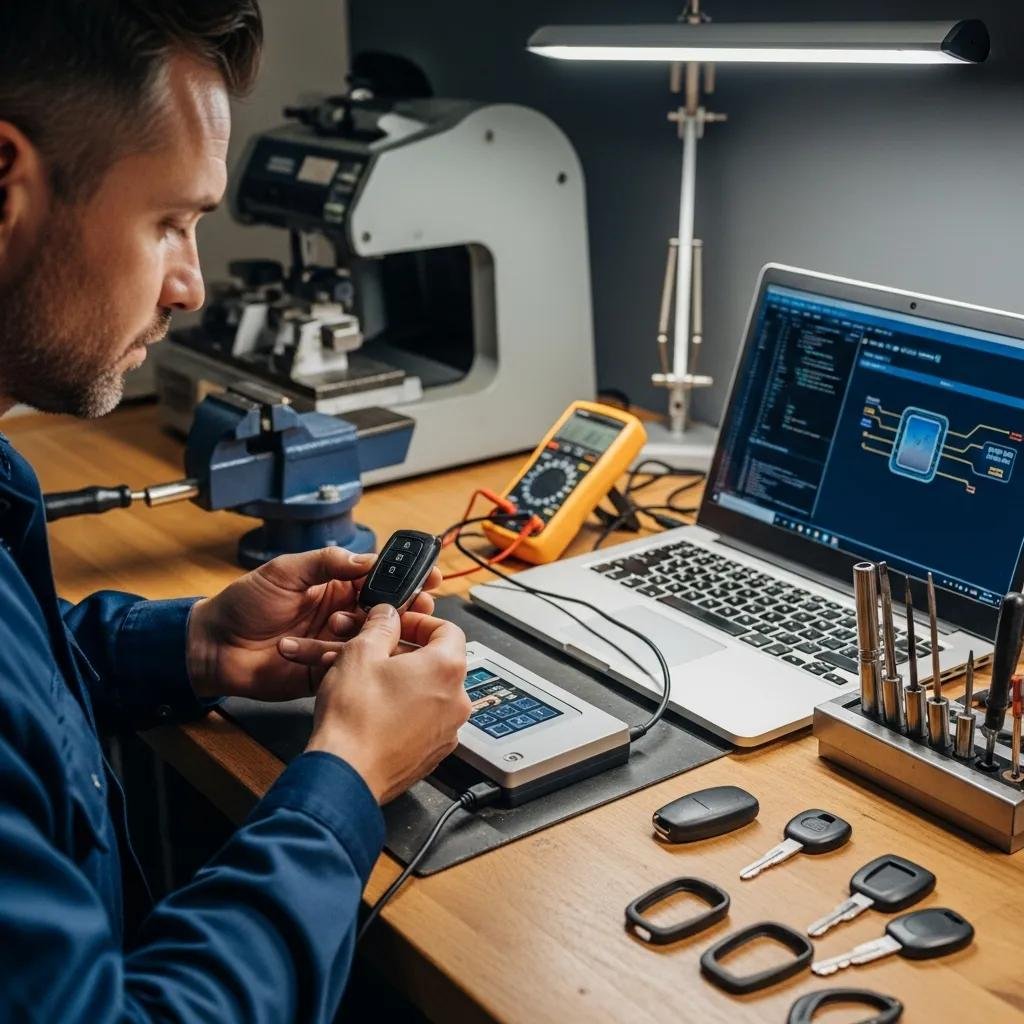 Technician programming a transponder key for a car, illustrating automotive key duplication expertise