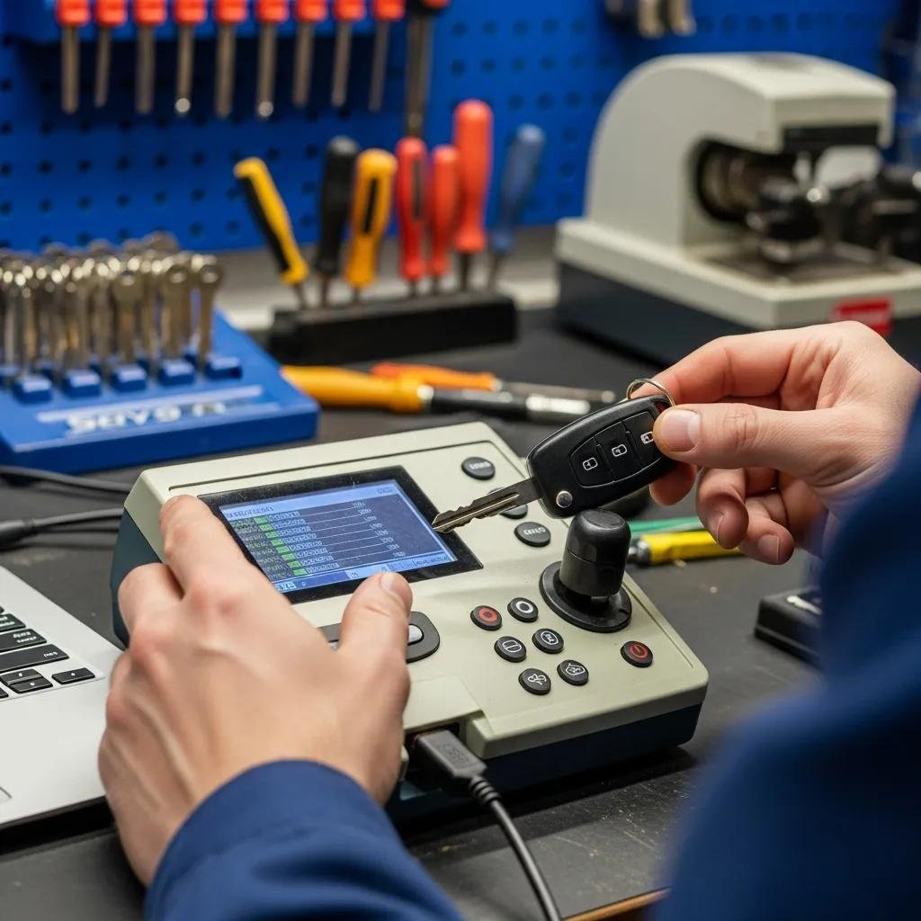 Technician programming a transponder key in a locksmith workshop