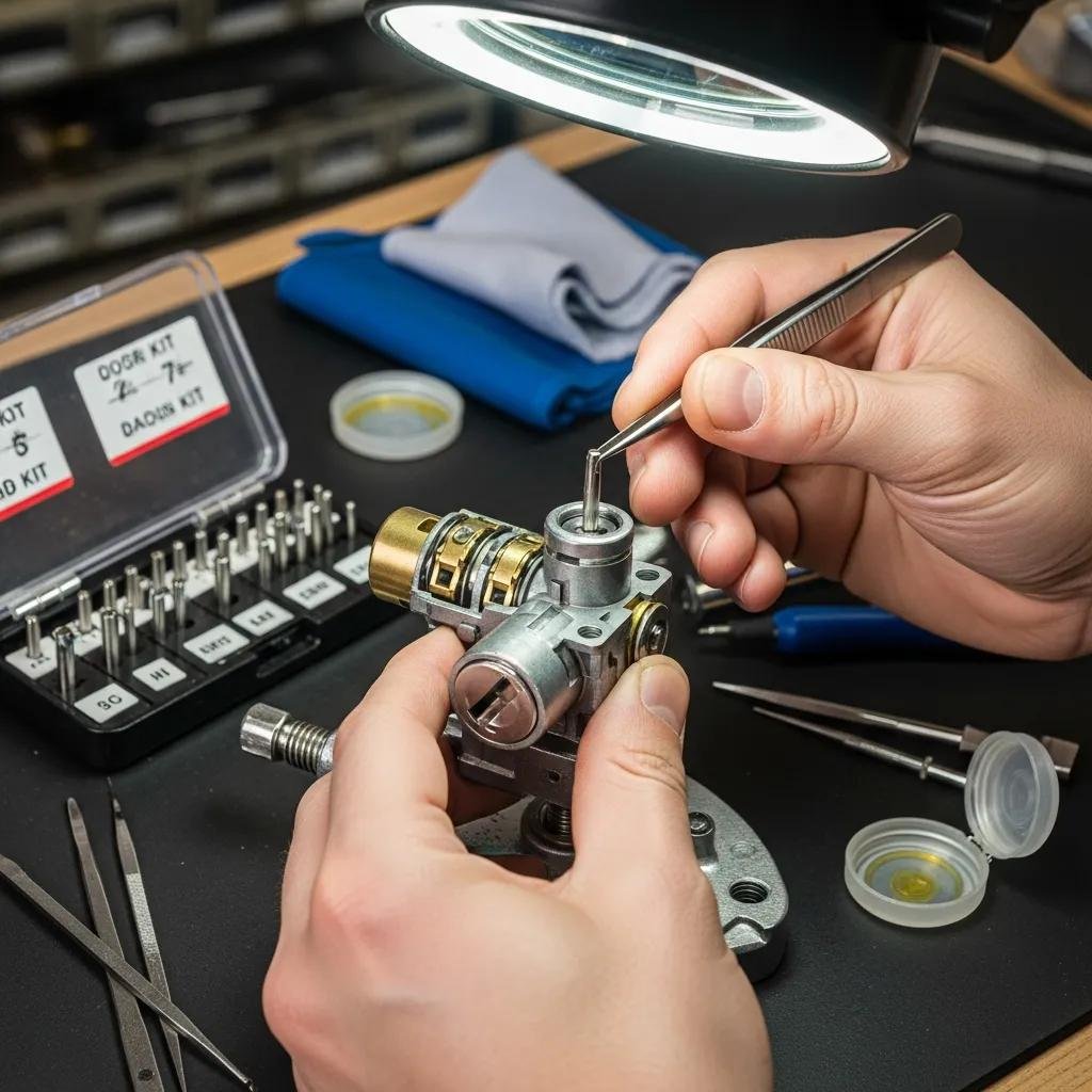 Technician repairing an ignition cylinder with precision tools, illustrating the detailed ignition repair process essential for vehicle functionality.