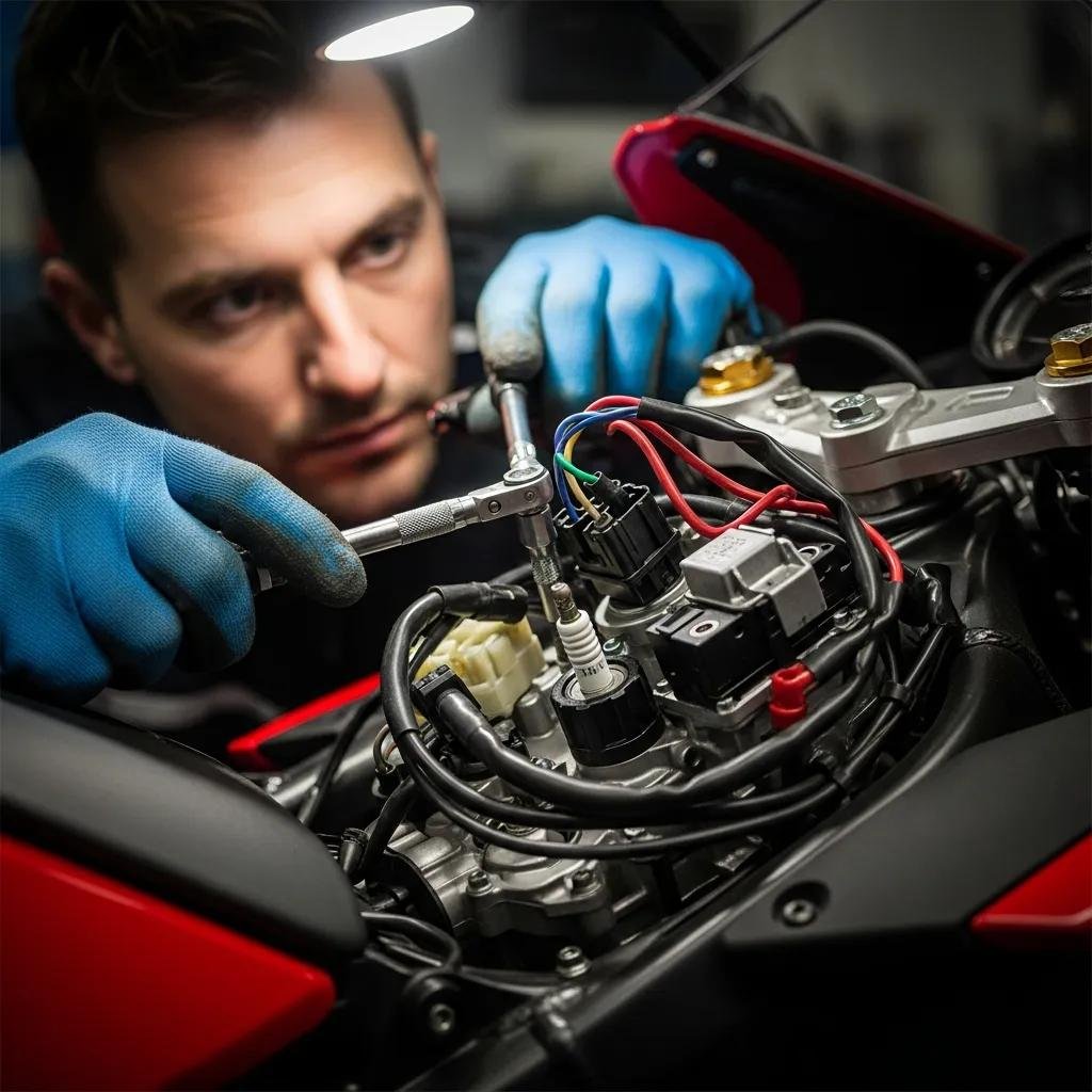 Technician repairing motorcycle ignition system with tools
