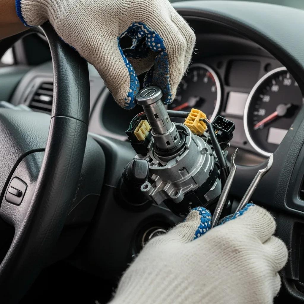Technician replacing an ignition cylinder in a vehicle