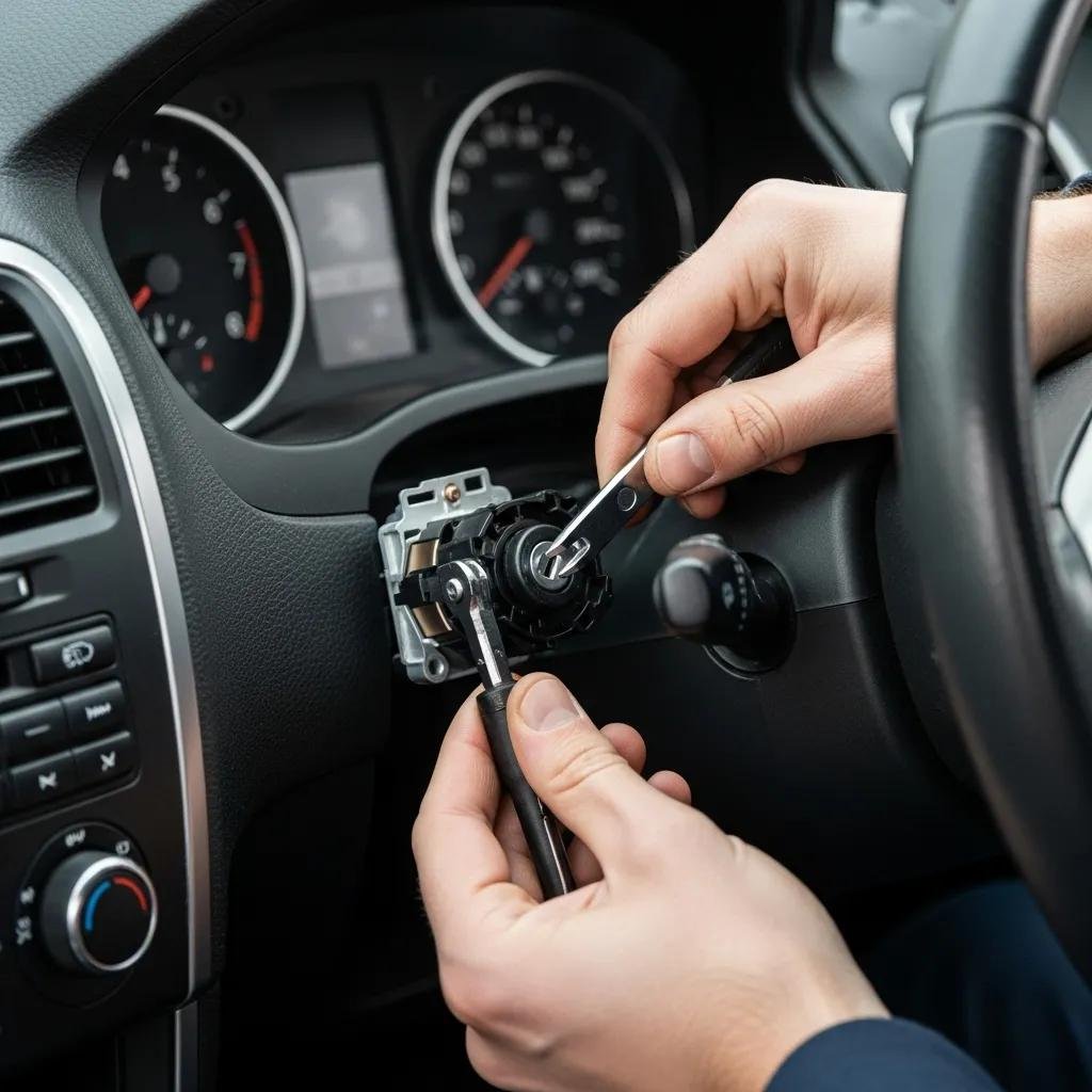 Technician replacing ignition switch in a vehicle, highlighting the process of ignition repair