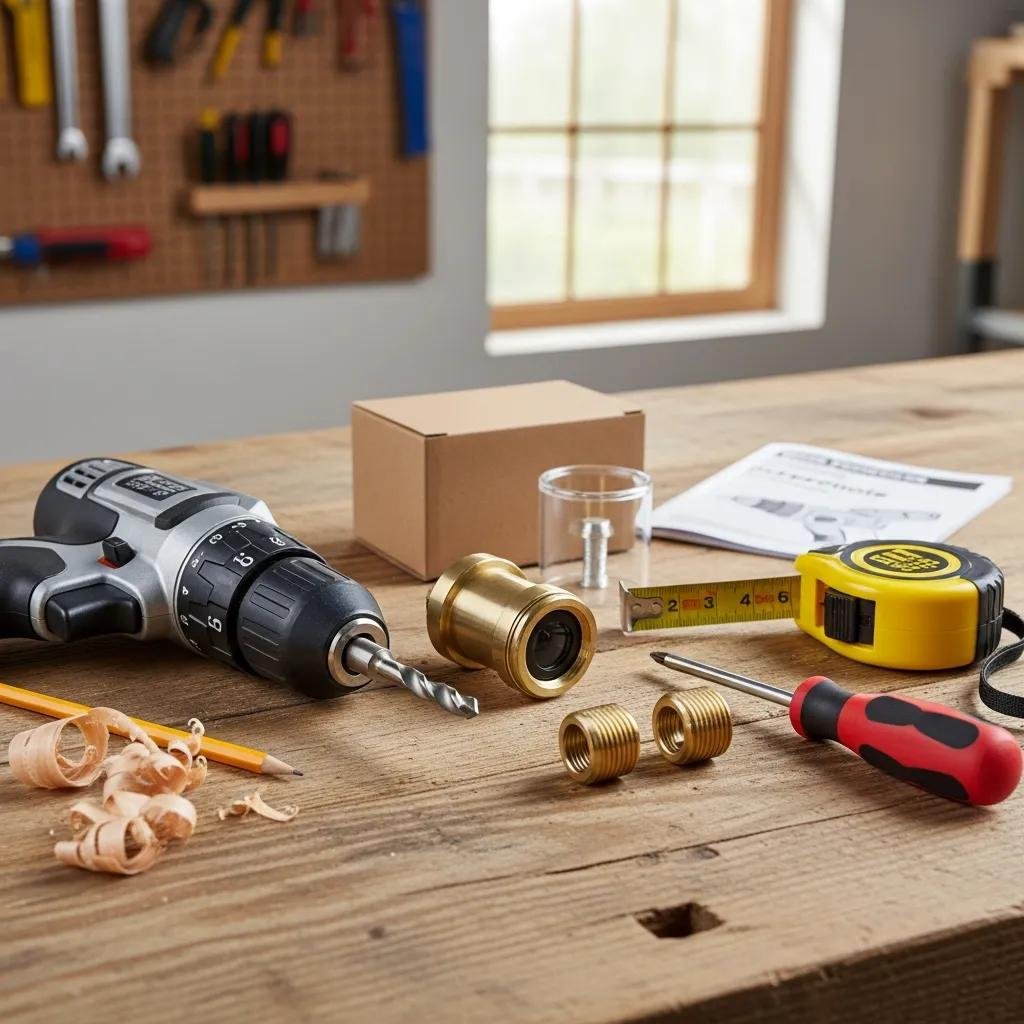 Tools and materials needed for installing a door peephole, including a drill and peephole kit