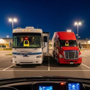 Truck and RV parked securely with visible anti-theft devices, emphasizing vehicle security