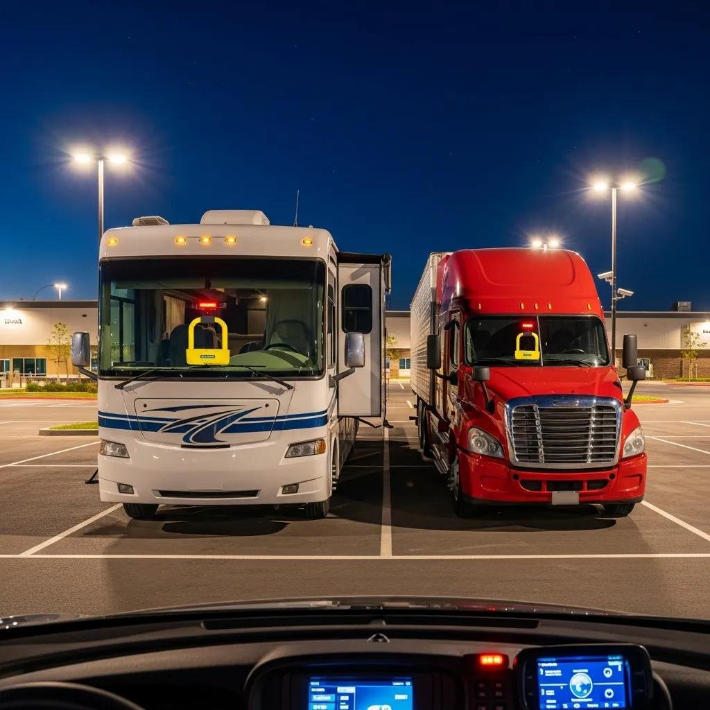 Truck and RV parked securely with visible anti-theft devices, emphasizing vehicle security