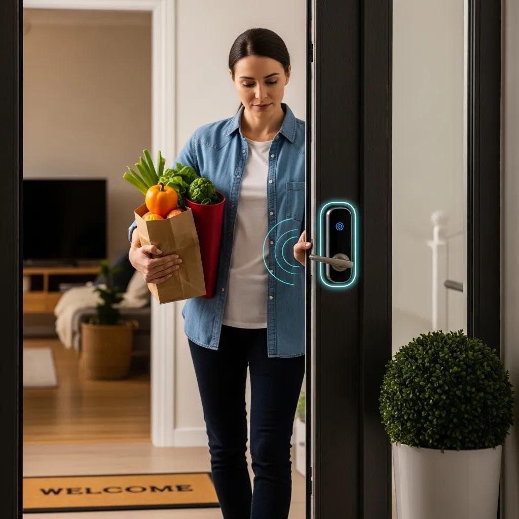 User approaching a smart lock for hands-free auto-unlock access