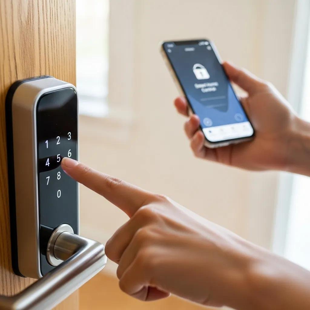 Install Digital Door Locks for Keyless Access User entering code on a digital keypad lock with smartphone app in background