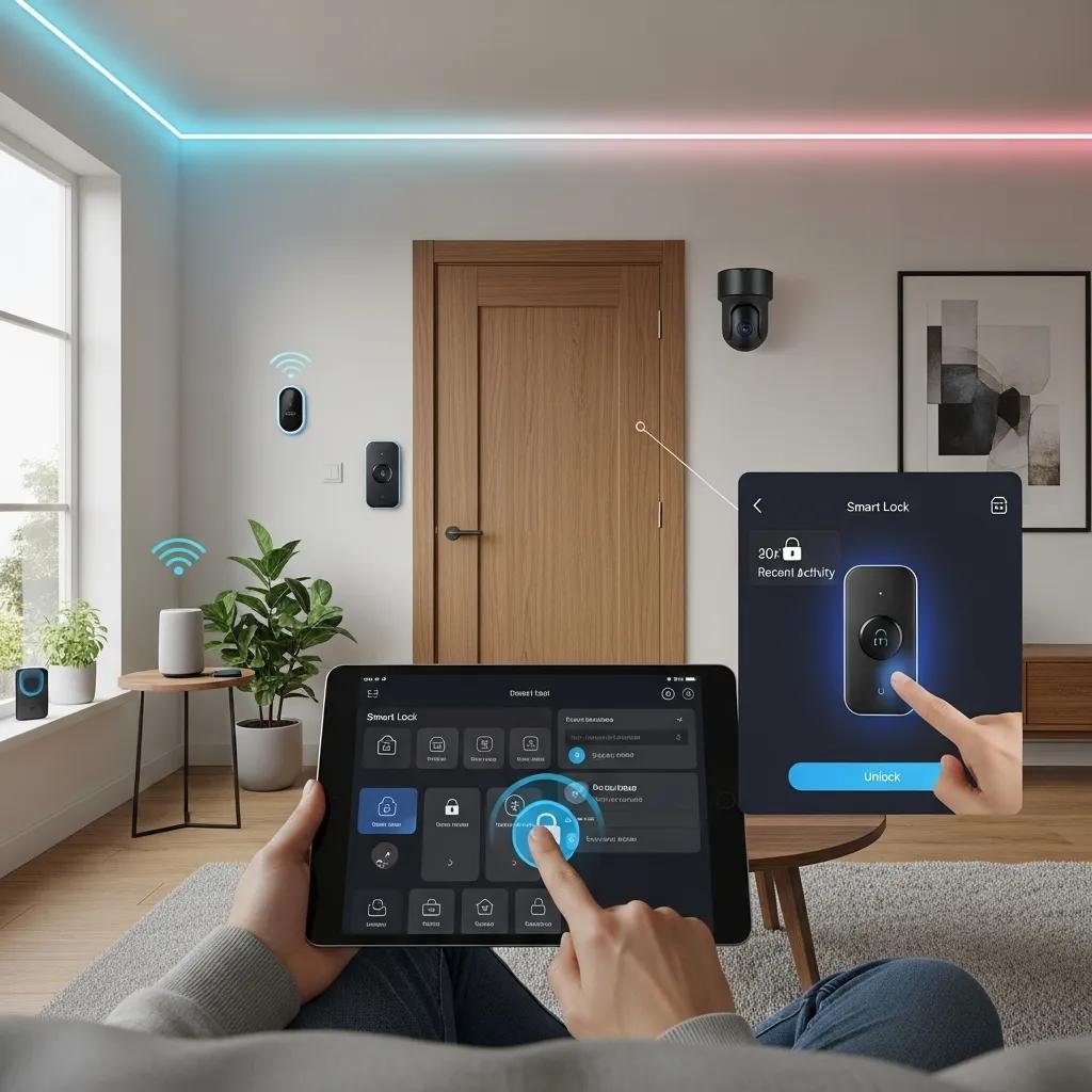 User interacting with a smart home app showcasing smart lock integration with security devices