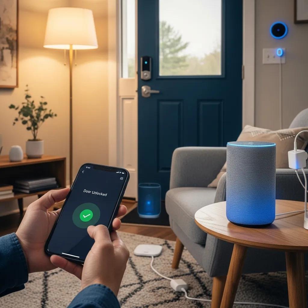 User interacting with a voice-activated smart lock and smart speaker in a cozy living room