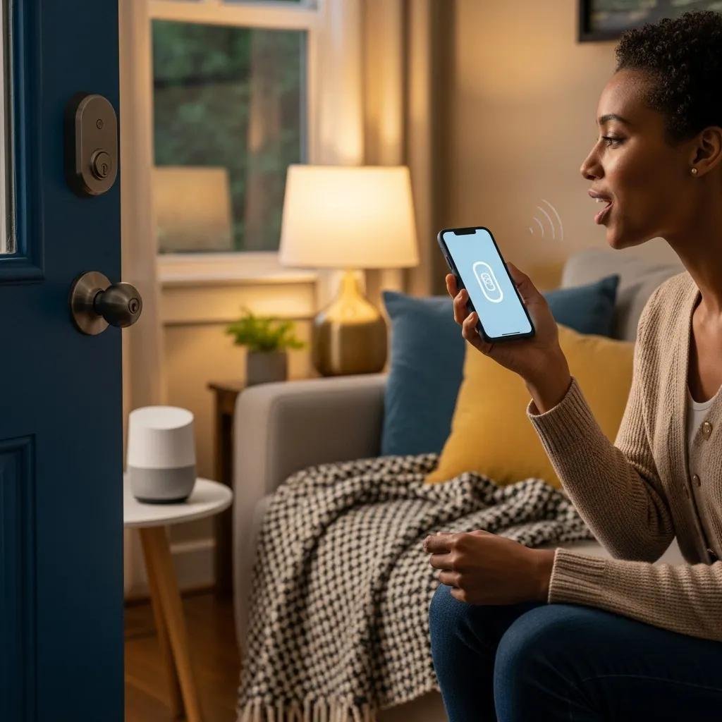 User issuing voice commands to a smart lock with Google Home in a cozy living room