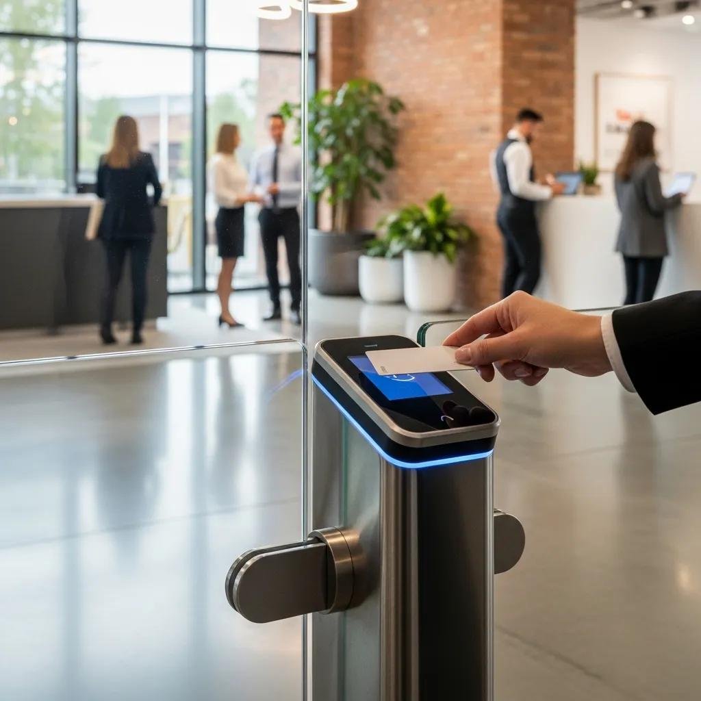User scanning a key card at a modern access control system in a secure office environment