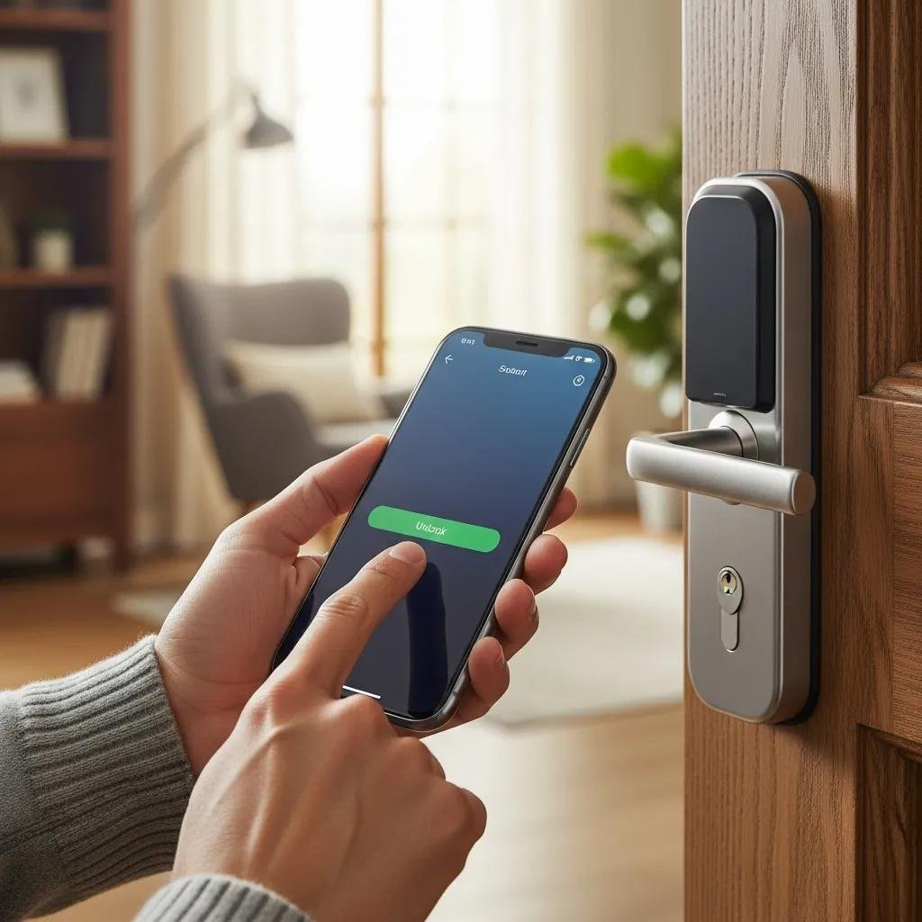 User unlocking a smart lock with a smartphone in a cozy home setting